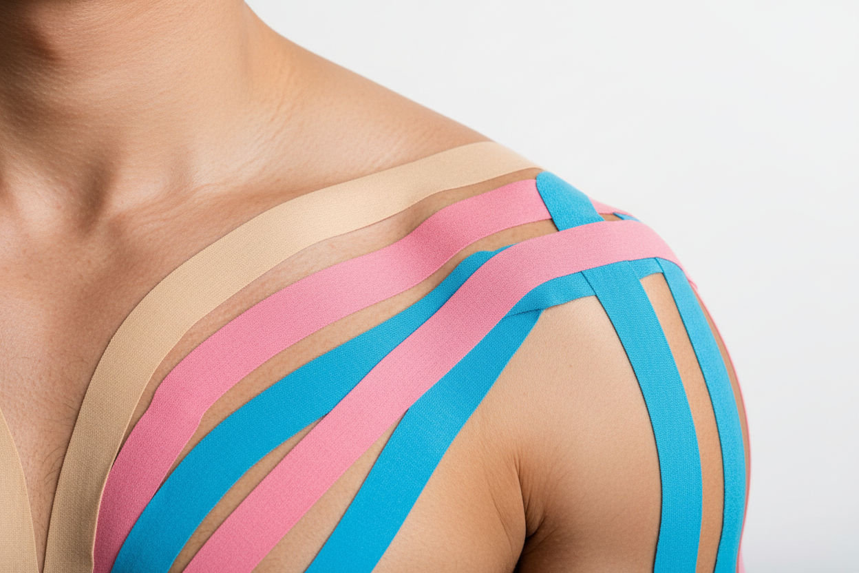 Crée une image héro propre et professionnelle pour une marque de tape kinésiologique. Montre un gros plan d’une zone du corps ( genou, épaule ou cheville ) avec du tape appliqué proprement, en trois couleurs : chair, rose et bleu. Style prenium, minimaliste, éclairage doux type studio, fond blanc ou très clair. Peau réaliste, rendu naturel, esthétique et moderne orientée bien-être et performance